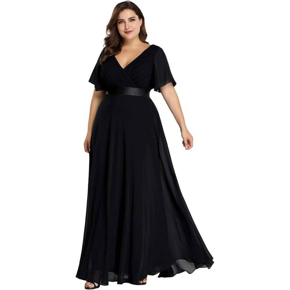 MSRP $86 Ever-Pretty Women's XXL Black Chiffon V-neck Ruched Waist A-line Ball